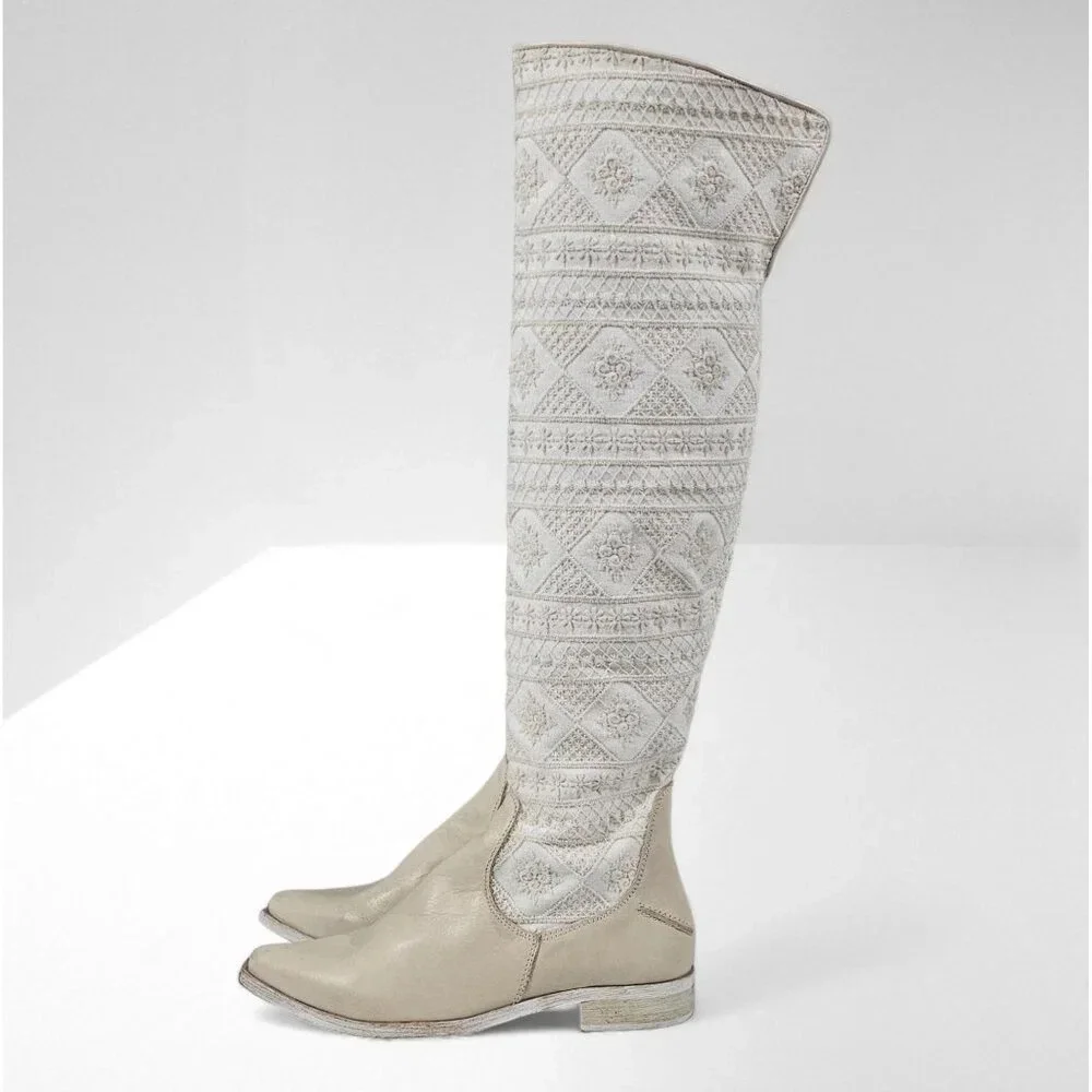 Free People Bren Knee High Boot Womens EU 37 Cream Embroidered Slouchy Boho